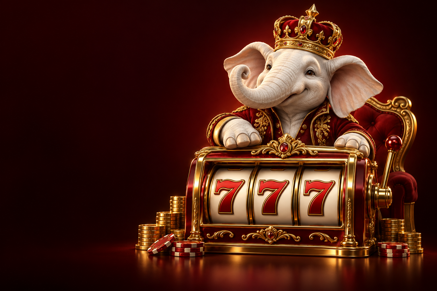 DD1's crowned elephant mascot with a golden 777 machine and gaming coins